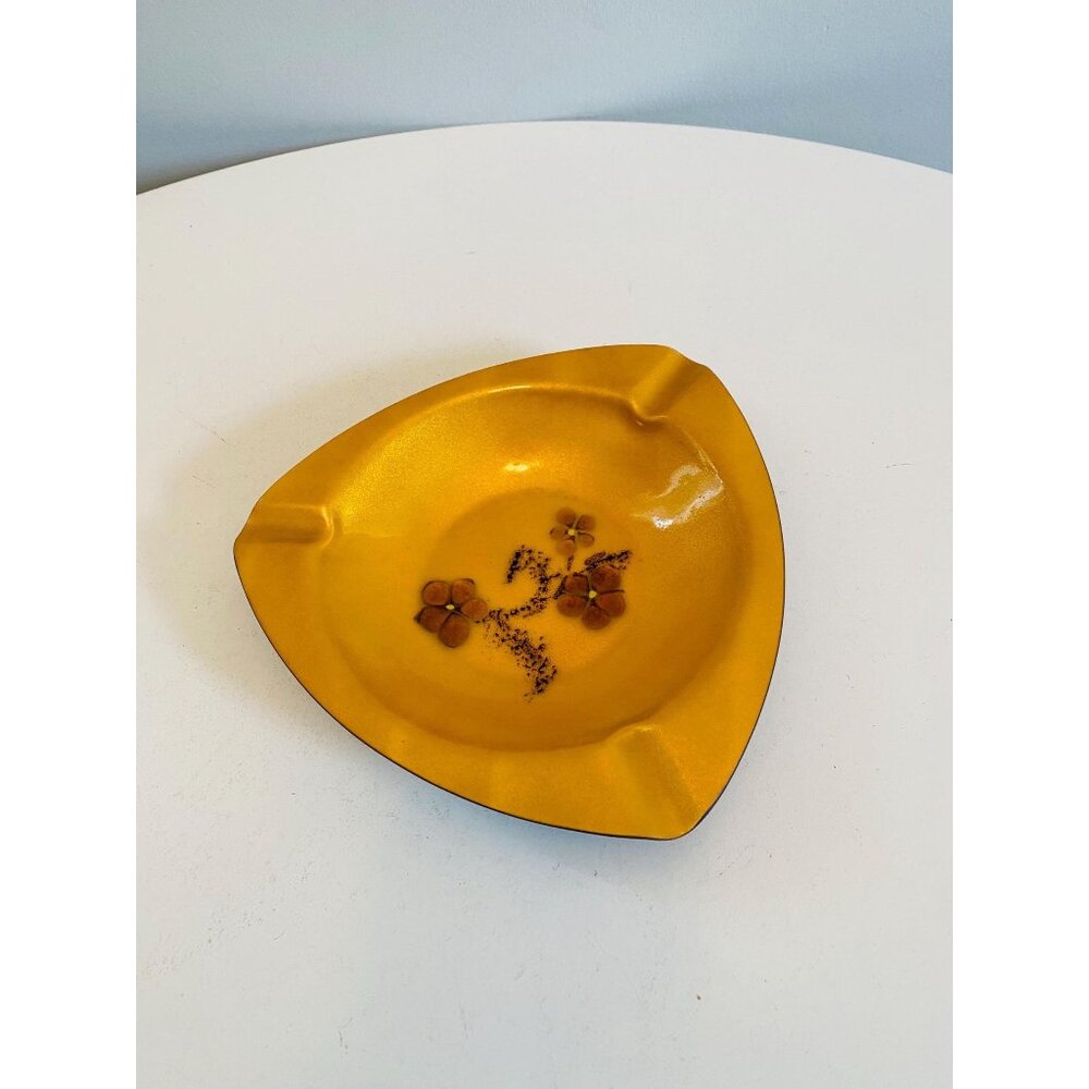 Vtg Enamel on Copper Ashtray by Bovano of Cheshire Conn, Mid Century Floral Dish